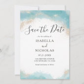 Elegante Moderne Blaue Wasserfarben Hochzeit Gold Save The Date (Vorderseite)