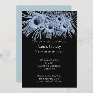 ELEGANTE MODERNE BLUE BLACK PEACOCK FEATHERS EINLADUNG
