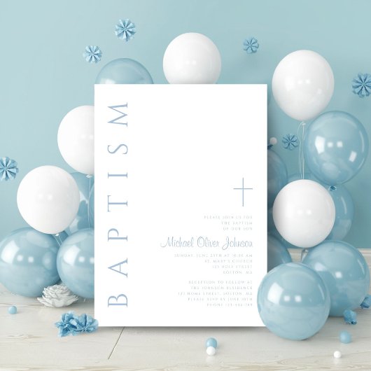 Elegante moderne Blue Script Cross Boy Taufe Einladung
