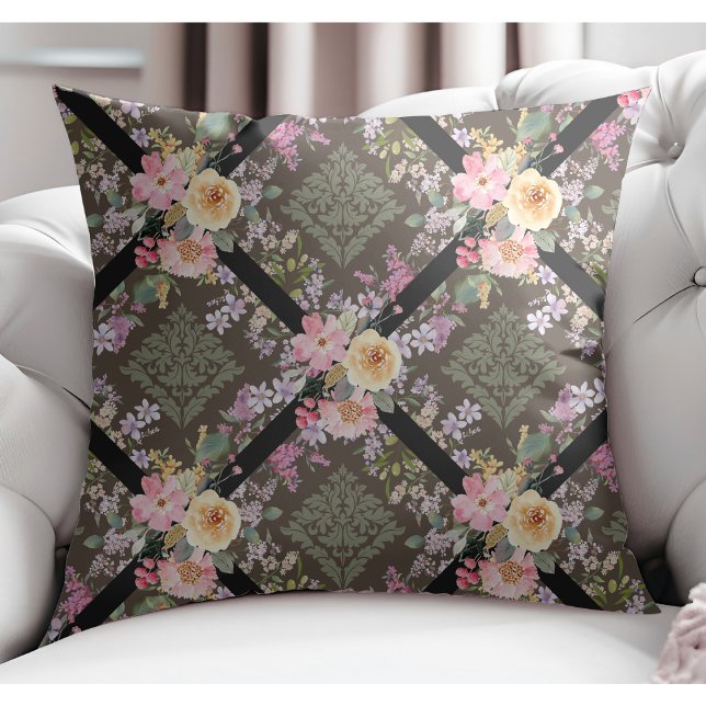 Elegante moderne Blume und florale Damask Brown Kissen (Von Creator hochgeladen)