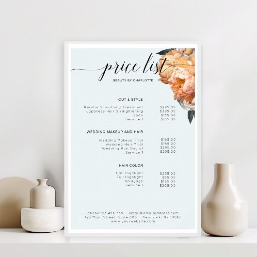 Elegante, moderne, blumengeschmückte Preisliste Poster