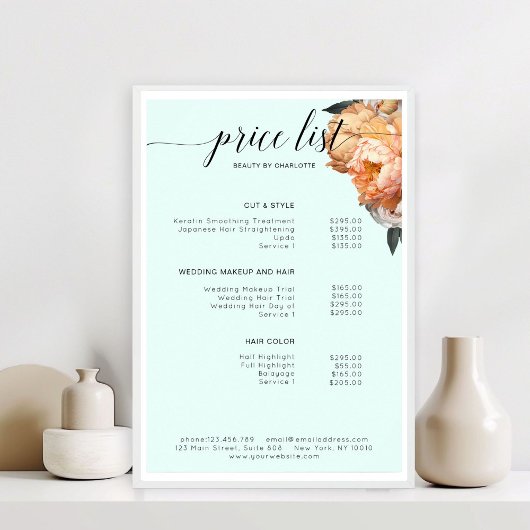Elegante, moderne, blumengeschmückte Preisliste Poster