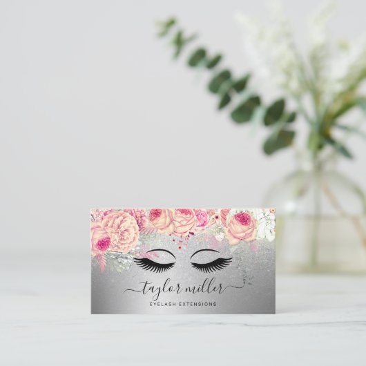 Elegante, moderne, blumensilberne Glitzer Wimpern Visitenkarte (Stehend Vorderseite)