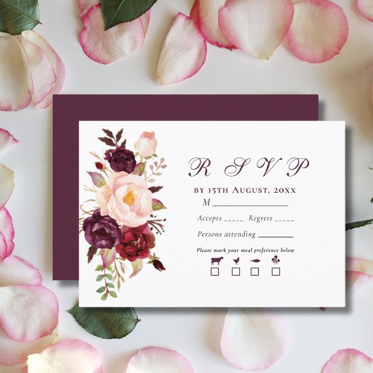 Elegante Moderne Blush & Burgundy Bouquet Wedding RSVP Karte