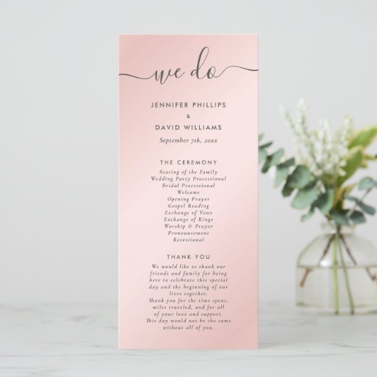 Elegante Moderne Blush Pink und Gray Wedding Programm (Stehend Vorderseite)