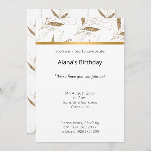 ELEGANTE MODERNE BOTANISCHE GOLD 2 INVITATION EINLADUNG (Vorne/Hinten)