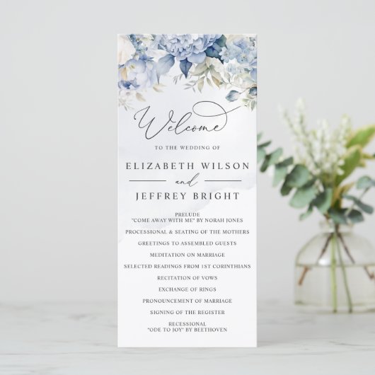 Elegante Moderne Botanische Hochzeit der Blauen Fl Programm (Stehend Vorderseite)