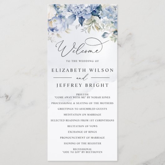 Elegante Moderne Botanische Hochzeit der Blauen Fl Programm (Vorderseite)