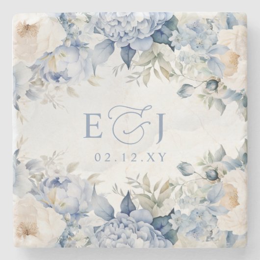 Elegante Moderne Botanische Hochzeit der Blauen Fl Steinuntersetzer (Vorderseite)