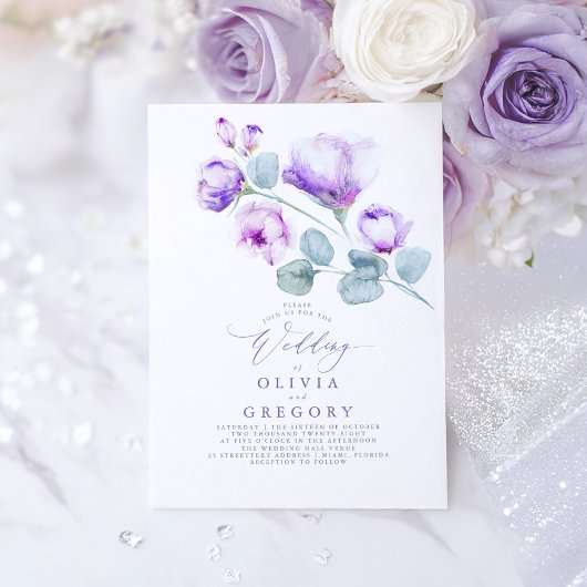 Elegante Moderne Botanische Hochzeit Lila Blumen Einladung