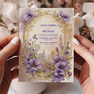 Elegante Moderne Botanische Hochzeit Lila Blumen Einladung