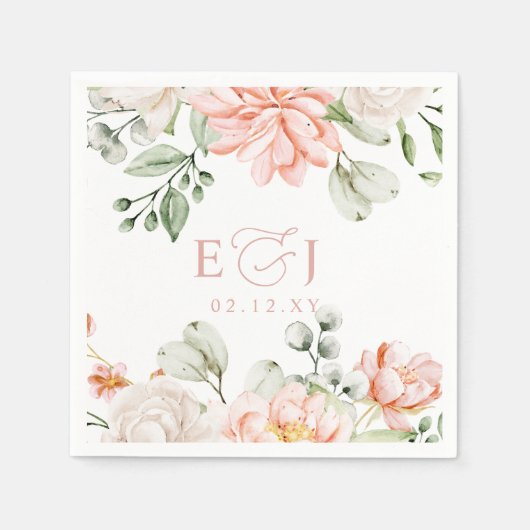 Elegante moderne botanische rosafarbene Hochzeit m Serviette (Vorderseite)