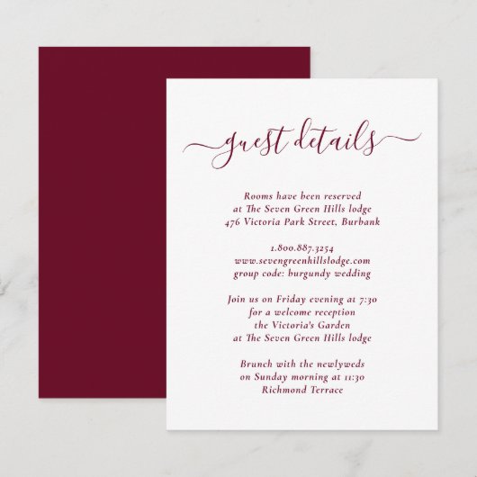 Elegante, moderne Burgund-Hochzeitdetails Begleitkarte (Vorne/Hinten)