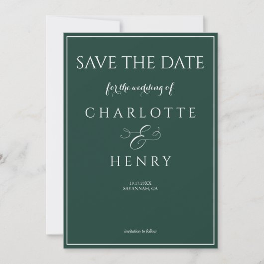 Elegante moderne Callighraphy Script Emerald Green Save The Date (Vorderseite)
