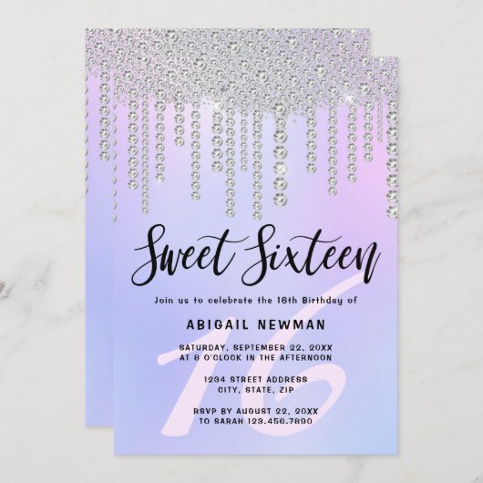 Elegante moderne Chick Diamond Tropfen 16 . Geburt Einladung (Vorne/Hinten)