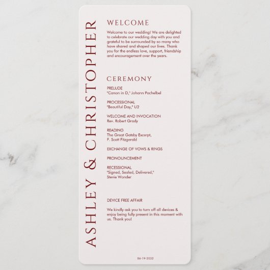 Elegante Moderne Crimson Red Wedding Programm (Vorderseite)