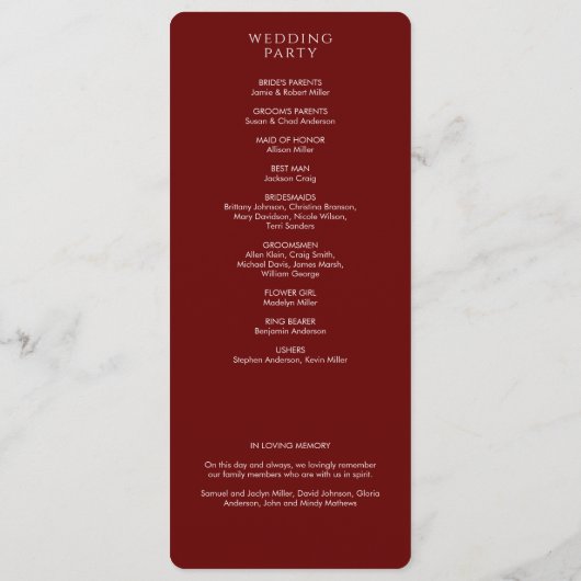 Elegante Moderne Crimson Red Wedding Programm (Rückseite)