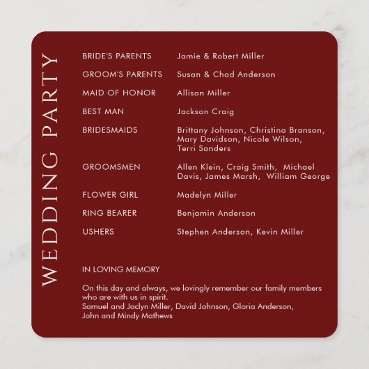 Elegante Moderne Crimson Red Wedding Programm (Rückseite)