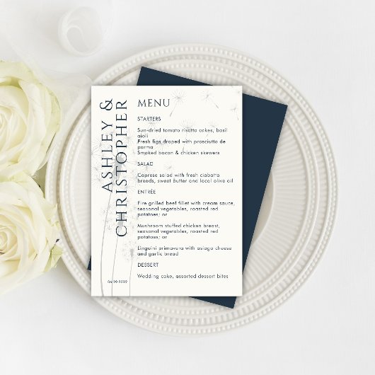 Elegante moderne Dandelion Navy Blue Wedding Menükarte