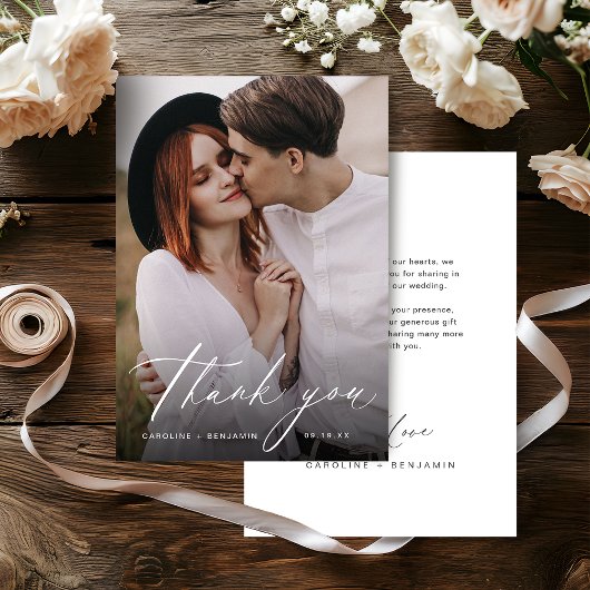 Elegante moderne Drehbuch minimalistische Hochzeit Dankeskarte