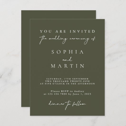 Elegante moderne dunkelgrüne Hochzeitskarten Einladung (Vorne/Hinten)