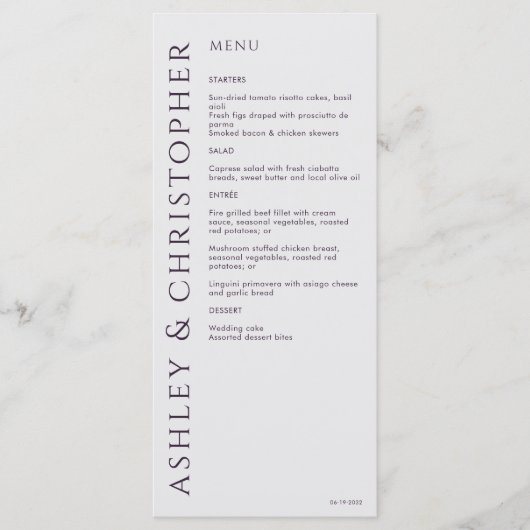 Elegante Moderne Dunkle Lila Hochzeit Menükarte (Vorderseite)