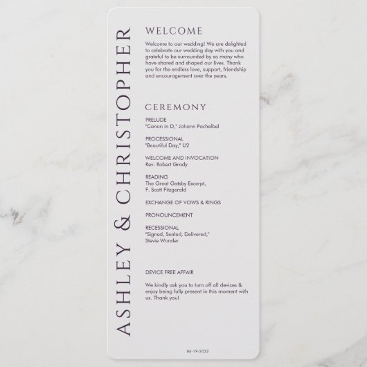 Elegante Moderne Dunkle Lila Hochzeit Programm (Vorderseite)