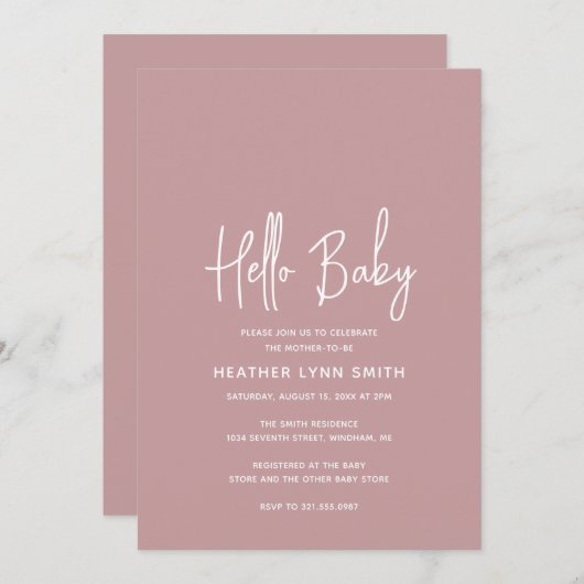 Elegante Moderne Dusty Rose Girl Hello Baby Shower Einladung (Vorne/Hinten)