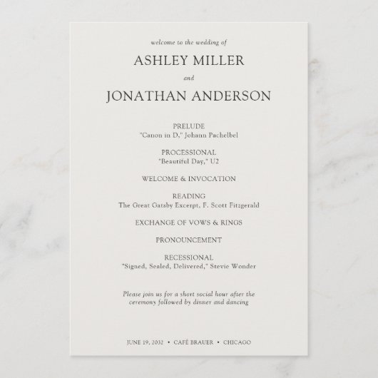 Elegante moderne, einfache Elemente Hochzeit Programm (Vorderseite)