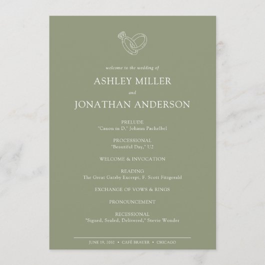 Elegante moderne, einfache Elemente Hochzeit Programm (Vorderseite)