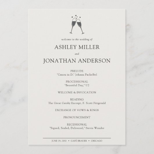 Elegante moderne, einfache Elemente Hochzeit Programm (Vorderseite)