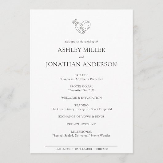 Elegante moderne, einfache Elemente Hochzeit Programm (Vorderseite)