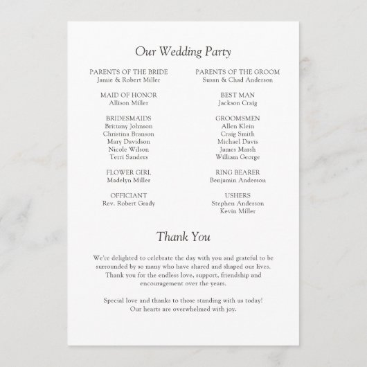 Elegante moderne, einfache Elemente Hochzeit Programm (Rückseite)