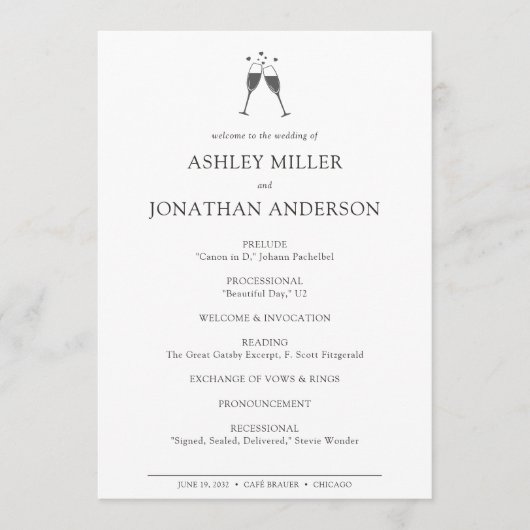 Elegante moderne, einfache Elemente Hochzeit Programm (Vorderseite)