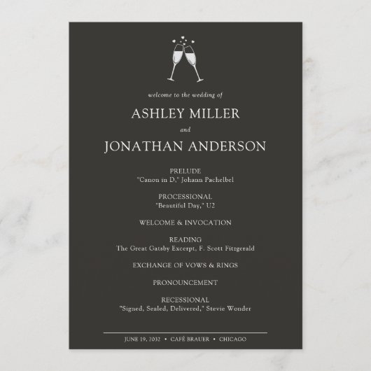 Elegante moderne, einfache Elemente Hochzeit Programm (Vorderseite)