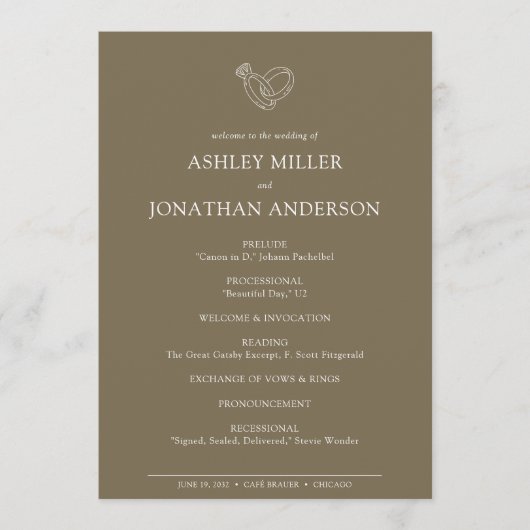 Elegante moderne, einfache Elemente Hochzeit Programm (Vorderseite)