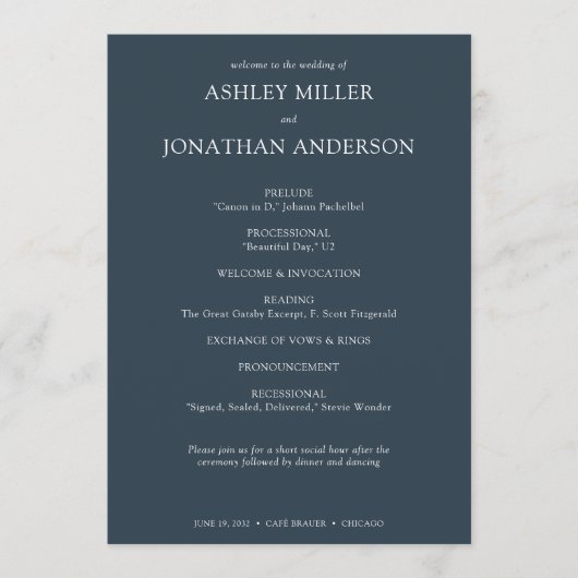 Elegante moderne, einfache Elemente Hochzeit Programm (Vorderseite)