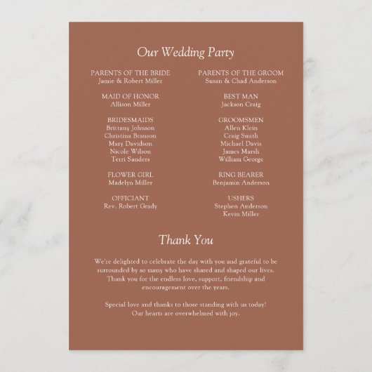 Elegante moderne, einfache Elemente Hochzeit Programm (Rückseite)