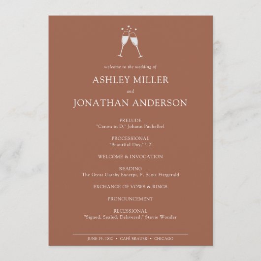 Elegante moderne, einfache Elemente Hochzeit Programm (Vorderseite)