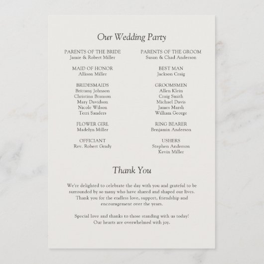 Elegante moderne, einfache Elemente Hochzeit Programm (Rückseite)