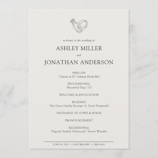 Elegante moderne, einfache Elemente Hochzeit Programm (Vorderseite)