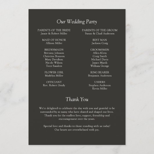 Elegante moderne, einfache Elemente Hochzeit Programm (Rückseite)