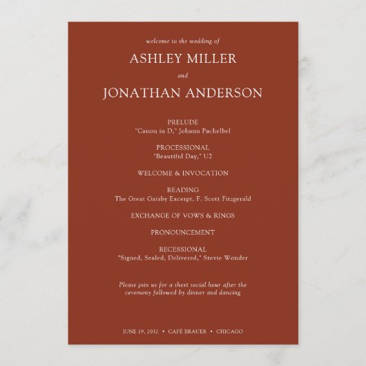 Elegante moderne, einfache Elemente Hochzeit Programm (Vorderseite)