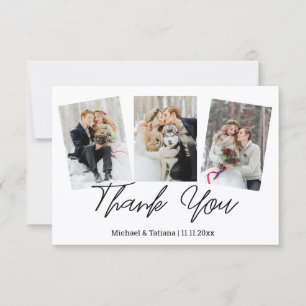 elegante moderne einfache Schrift Hochzeit 3 Fotos Dankeskarte