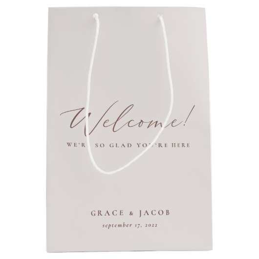 Elegante, moderne Elfenbein Hochzeit Begrüßungsges Mittlere Geschenktüte (Vorderseite)