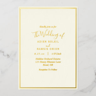 Elegante moderne Elfenbein-Hochzeit mit Goldfolien Folieneinladung