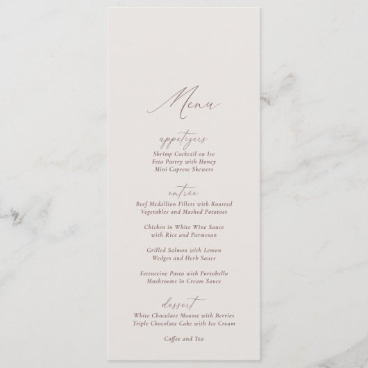 Elegante moderne Elfenbeinkalligrafie Hochzeit Menükarte (Vorderseite)