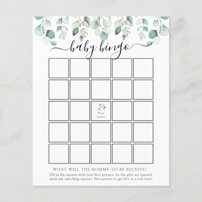 Elegante moderne Eucalyptus Baby Bingo Game Card (Vorderseite)