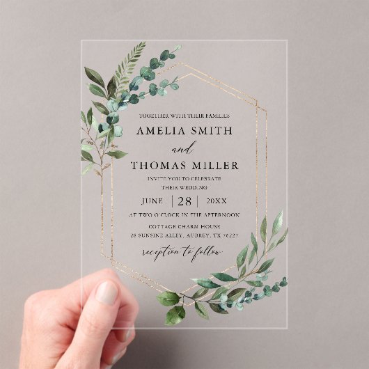 Elegante Moderne Eukalyptus Grüne Goldene Hochzeit Acryleinladungen (Insitu (Handheld))