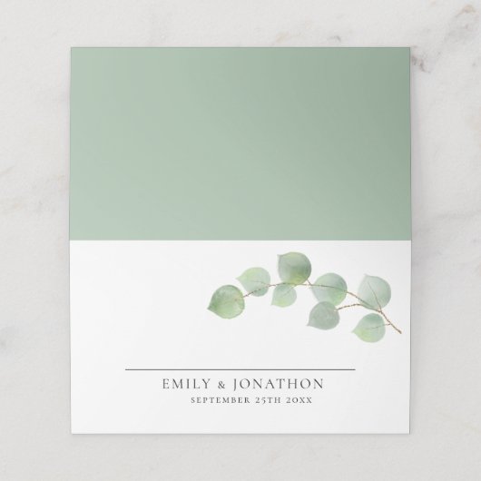 Elegante moderne Eukalyptusnamen Datum Hochzeit Platzkarte (Außenseite Aufgefaltet)